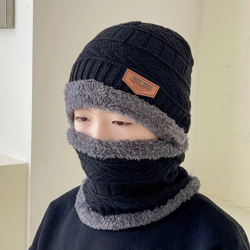 Hat Men's Winter Warm Ear Protection Fleece Knitted Hat Thickened Scarf Two-piece Set Cross-border Autumn and Winter Wool Hat
