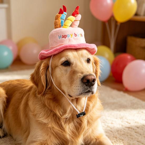 Chapeau d'Anniversaire pour Animal de Compagnie Mignon Gâteau d'Anniversaire Chien Chapeau Peluche Réglable Chapeau d'Anniversaire pour Petits Chiens Moyens Chats Accessoire de Fête