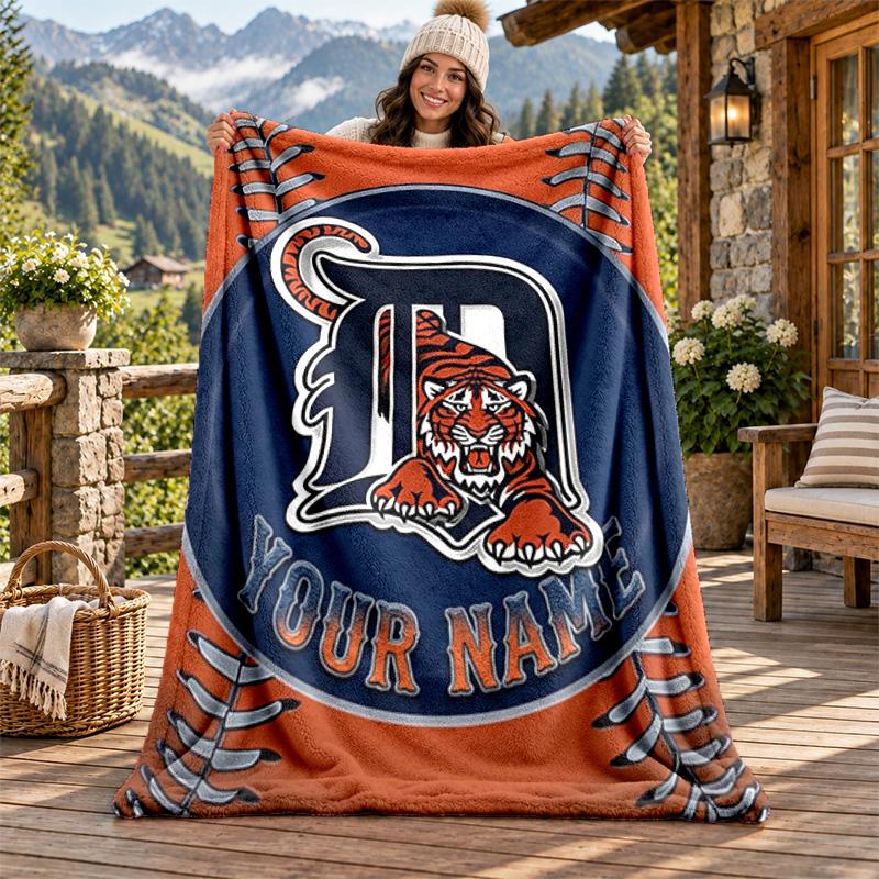 Detroit Tigers Custom Name Flannel Blanket Personalized Soft Warm Plush Throw Blanket Customized Gift for Family Friends