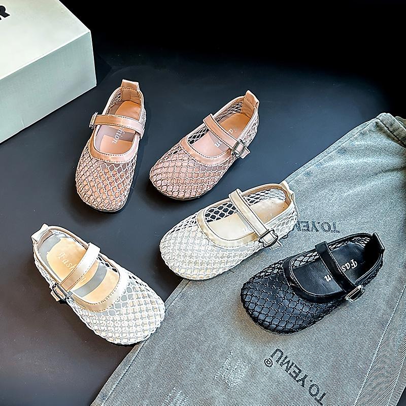 Girls Sandals Mesh Weave Soild Color Kids Princess Shoes Non-slip Soft Sole 2025 Summer New Children Flat Shoes Ins Trendy Sweet