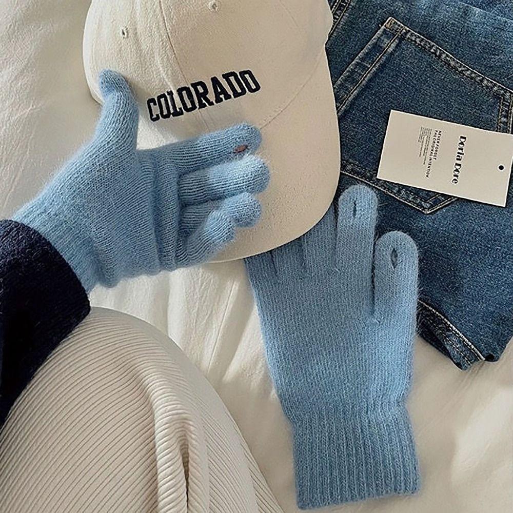 Candy Colored Winter Velvet Gloves Winter Warm Finger Gloves Knitted Gloves  For Woman Girls Maiden