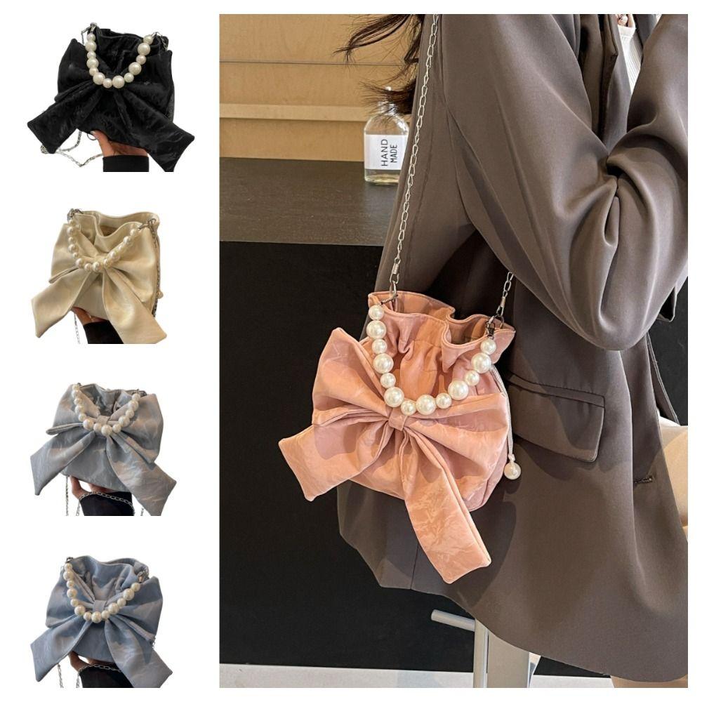 Pearl Chain Big Bowknot Shoulder Bag Elegant Crossbody Bag Fashion Drawstring Bucket Bag  Travel