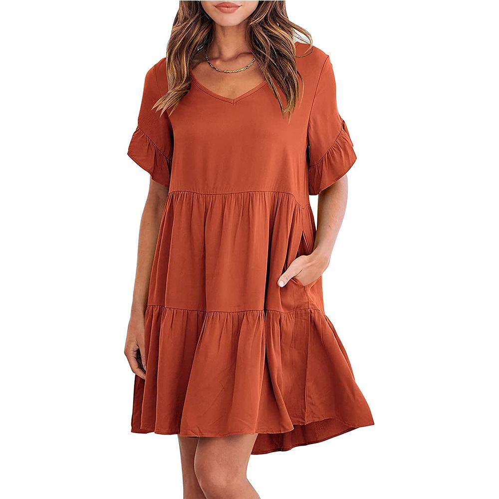 Women's Summer Casual V-neck Doll Dress with Three Layers of Pleated Dress