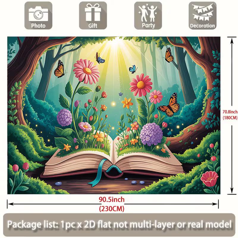 

2D Magical Book Forest Tapestry, Enchanted Flowers & Butterflies Wall Decor 47.2x31.5inch/120*80cm