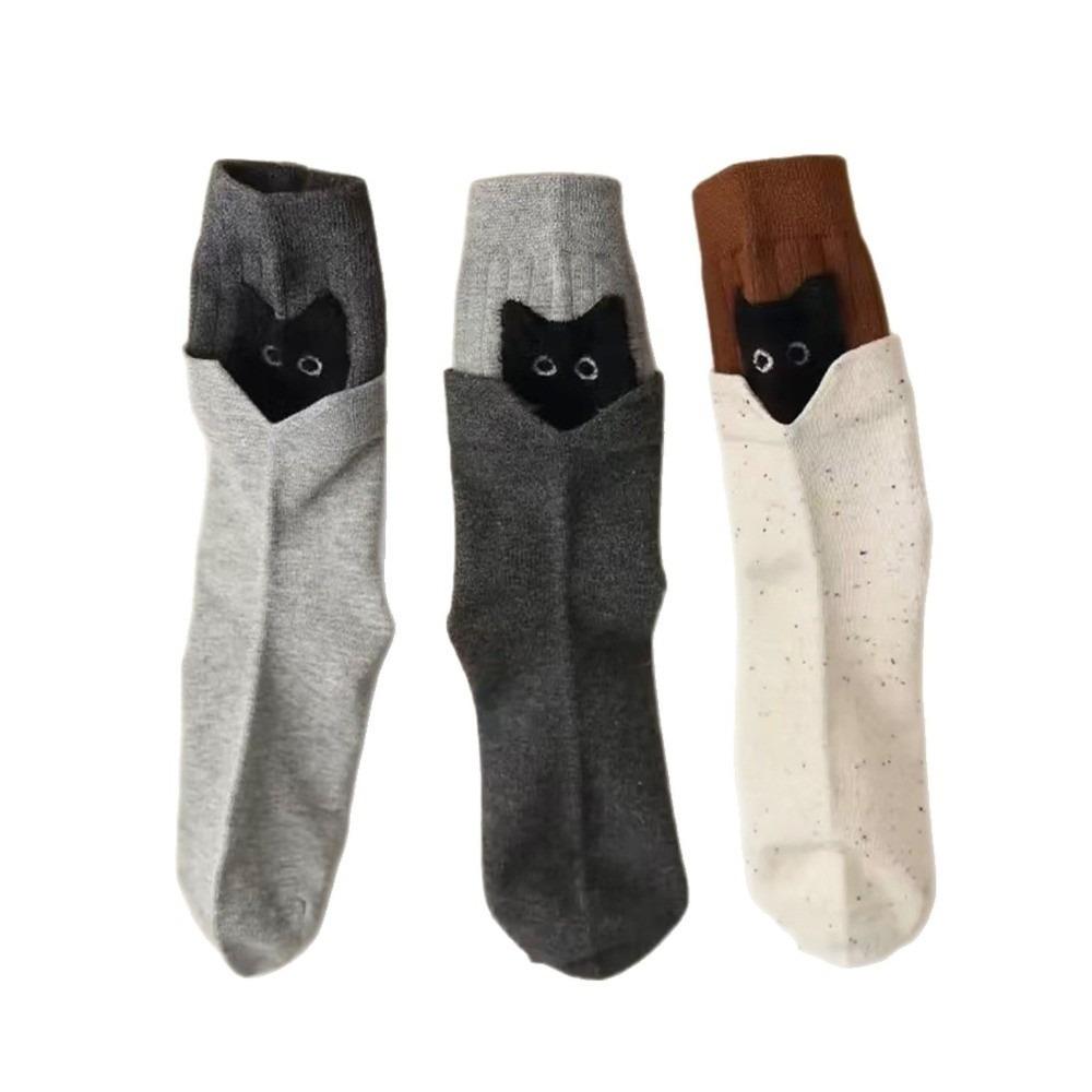 

Breathable Mid-Tube Socks Color Blocking Cartoon Women Socks Fashion Design Cat Socks Gifts 3Pairs