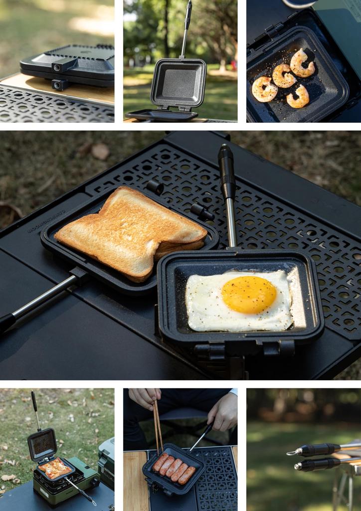 CAMPING MOON Hot Sandwich Maker, Single Burner, Gas or Direct Fire, Compact, Aluminum, with Canvas Case (BKTT-1315+B)