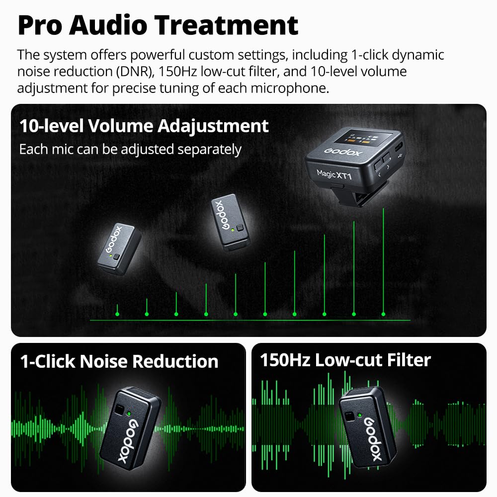 Godox Magic XT1 Wireless Lavalier Microphone for Cameras TX 1 RX with Charging Noise Touchscreen Mini Wireless Microphone (2 + Case), Cancelling, 16H,