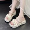 2025 new pearl beach sandals women's summer wear muffin platform flowers sweet one-word drag fairy wind sandals