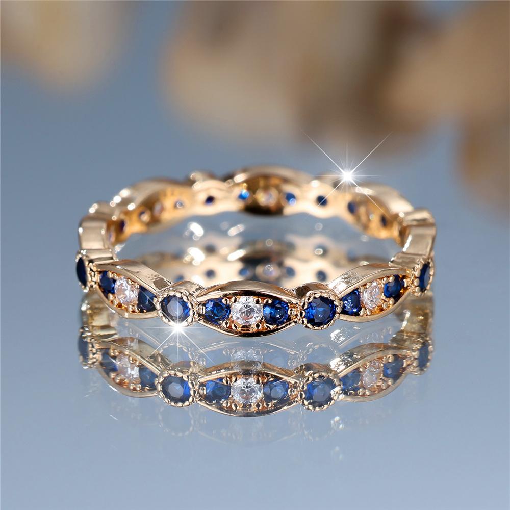 Cute Female White Blue Zircon Stone Round Ring Vintage Gold Color Wedding Jewelry for Women