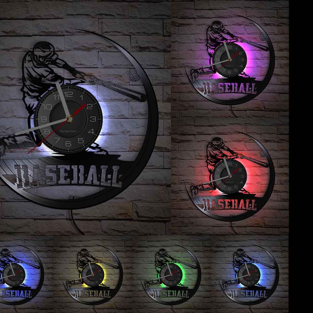 Baseball Player Silhouette Wall Art Clock Softball Vintage Vinyl Record Wall Clock Softball Club Sports Room Decor Baseball Gift