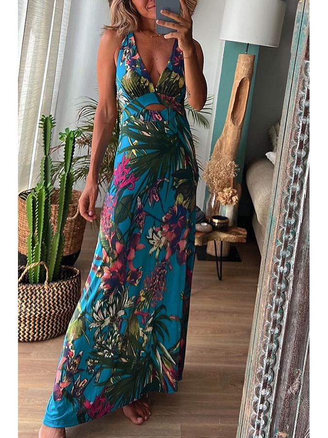 2023 European & American Sexy Print Spaghetti Strap Vacation Dress for Women