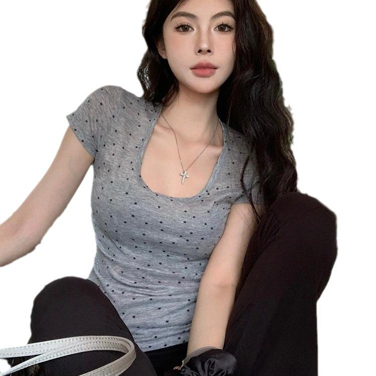 American Front Shoulder U-neck Slim and Thin T-shirt Versatile Pure Desire Style Niche Ins Fashion Hot Girl Sexy Top