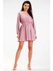 Flared Mini Dress with a Wrap Neckline and Long Sleeves, Dusty Pink M