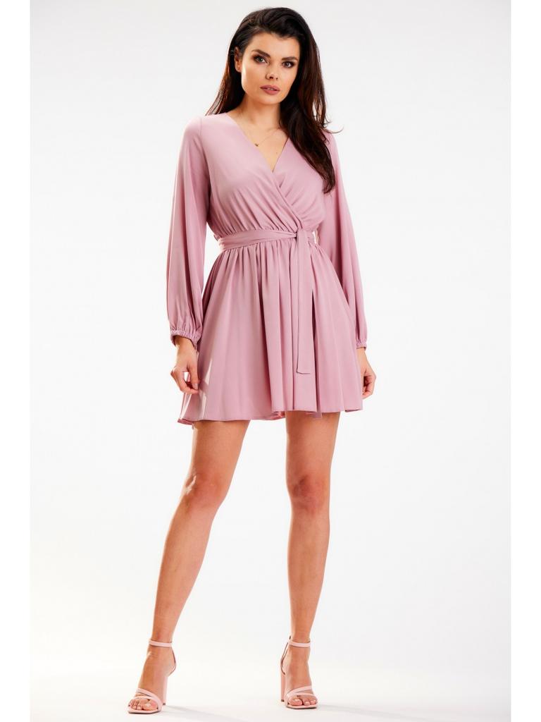 Flared Mini Dress with a Wrap Neckline and Long Sleeves, Dusty Pink M