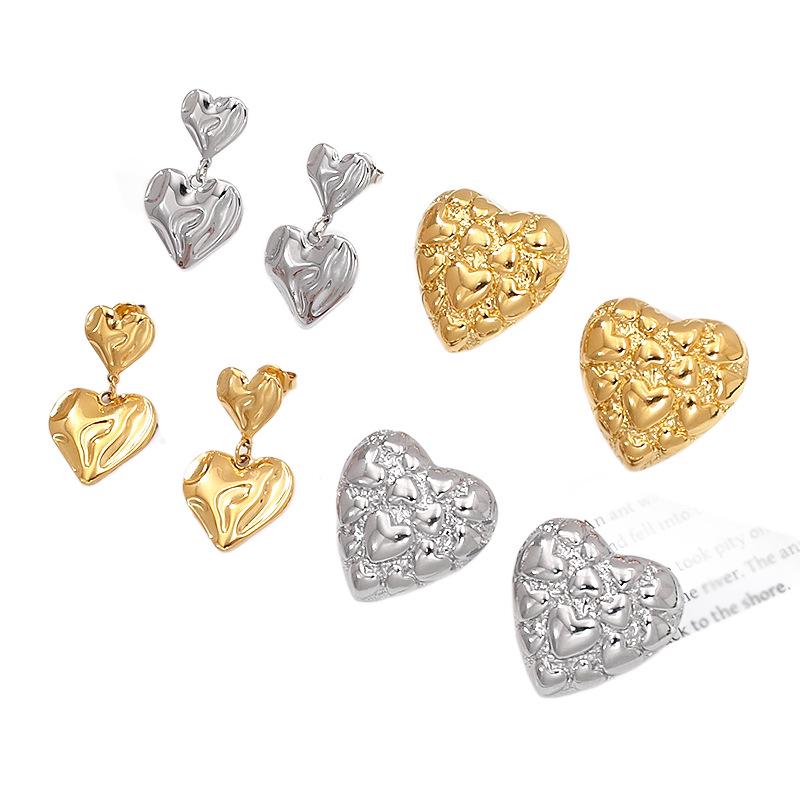 18K Gold Plated Double Layer Heart Earrings for Women - Fashionable & Versatile Peach Heart Studs