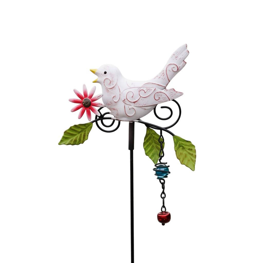 Metal Bird Wind Chime Garden Stake Outdoor Yard Decoration Patio Ornament with Hanging Bell and Floral Design