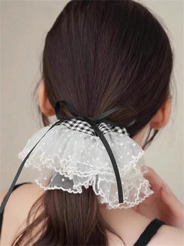 1/2Pcs Vintage Lace Polka Dot Bow Hair Scrunchie For Women,Elegant Bowknot Hair Tie For Ponytail, Bun, French Versatile