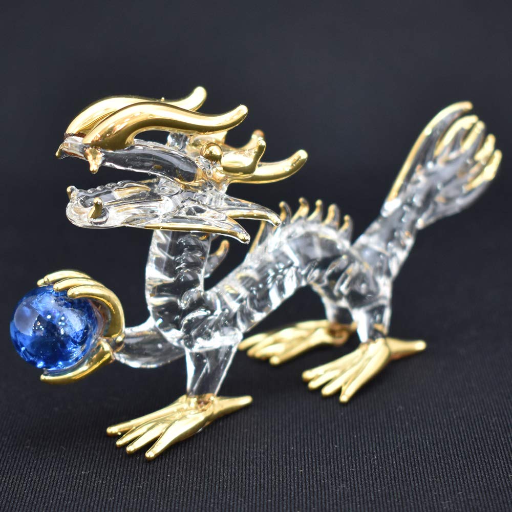 Four Cart Handmade Glass Feng Shui Good Luck at Work [Dragon Holding a Ball] 4-inch x 3-Piece Set