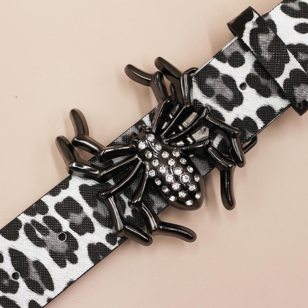 Y2K Leopard Print Rhinestone Spider Buckle Punk Leather Belt for Women