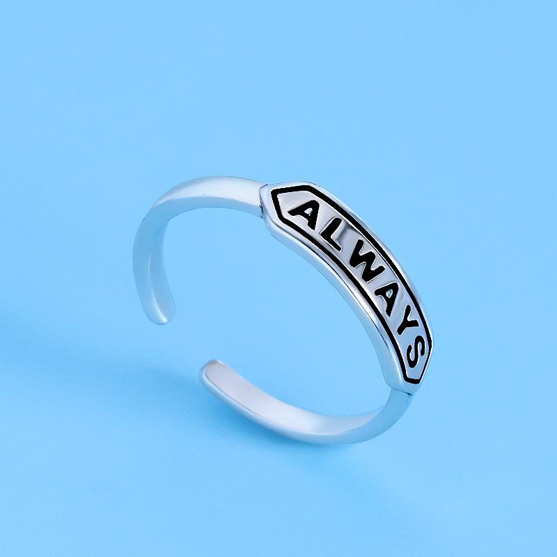 BELLA BOX Retro ALWAYS Lucky Ring, A Niche English Letter Chain Index Finger Ring For Women, An Aged Imitation Thai Silver Open Ring