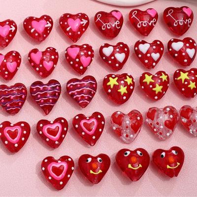 TX76 20mmx19mm 2pcs Cute Glass Petite Heart Beads DIY Straight Hole Exquisite Making Heart Love Red Handmade Bracelet Material