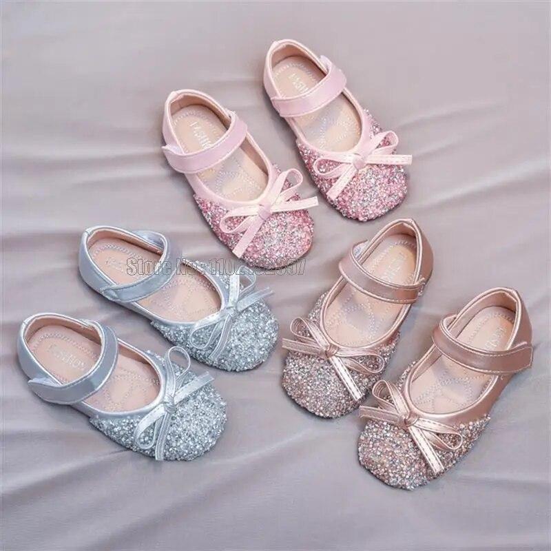 

Spring Baby Girl Leather Fashion Sequins Bowtie Girls Single Rhinestone Children Princess Dancing Shoes