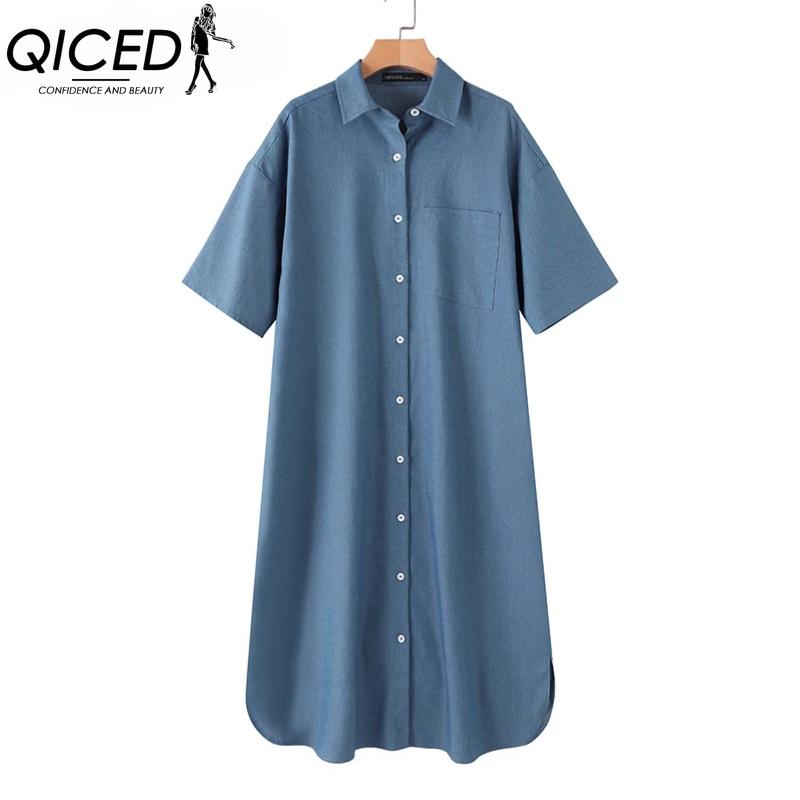 QICED Women's Fashion Summer Spring Solid Color Print Short Sleeve POLO Neck High Waist Casual Dresses