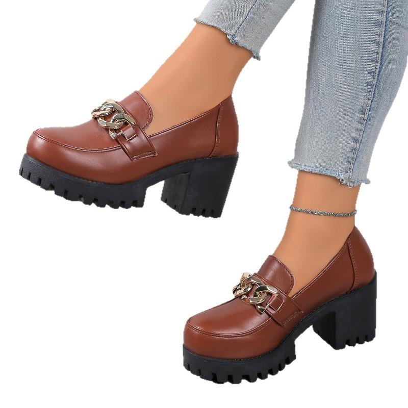 Loafers med tykk såle i store størrelser for kvinner, Nye sko i skinn med firkantet hæl og rund tå