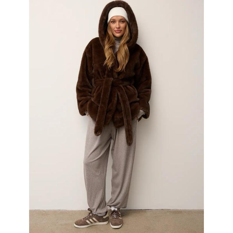 Winter imitation mink fur jacket medium and long hooded belt artificial fur environmentally friendly fur coat women