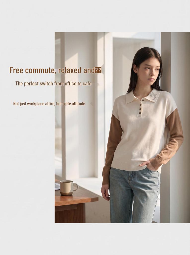 MU Women's Color Block Polo Neck Embroidery Knit Sweater - Long Sleeve, Autumn/Winter, Simple & Elegant.