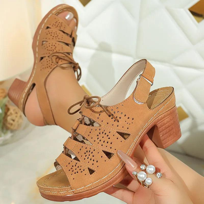 Retro Cross Tied High Heel Sandals Women Plus Size Thick Sole Non Slip Slippers Summer Hollow Comfort Chunky Platform Beach Shoe