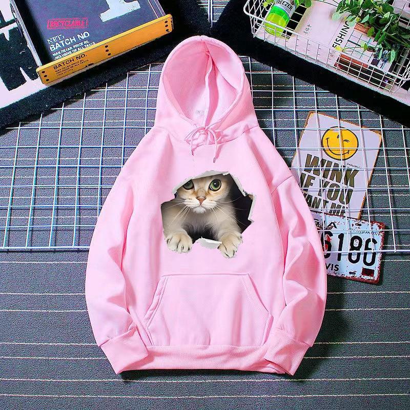 Autumn and Winter Cat Print Loose Hooded Sweatshirt 7013