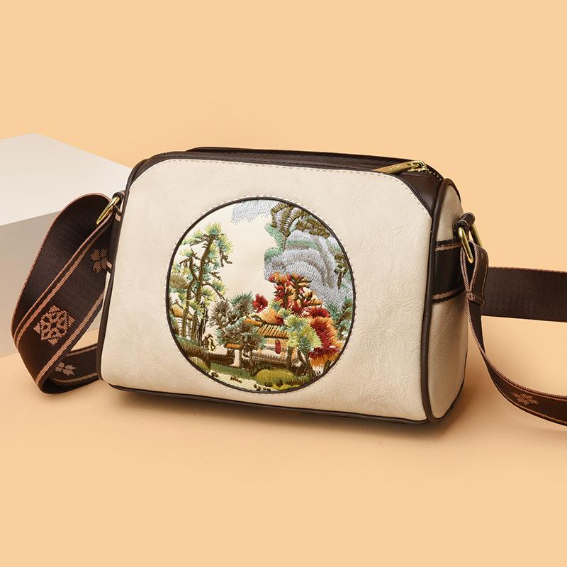 New Literary and Artistic Shoulder Bag Retro Embroidery Line Landscape Painting Mother Mobile Phone Bag Fashionable Multi-layer Crossbody Bag