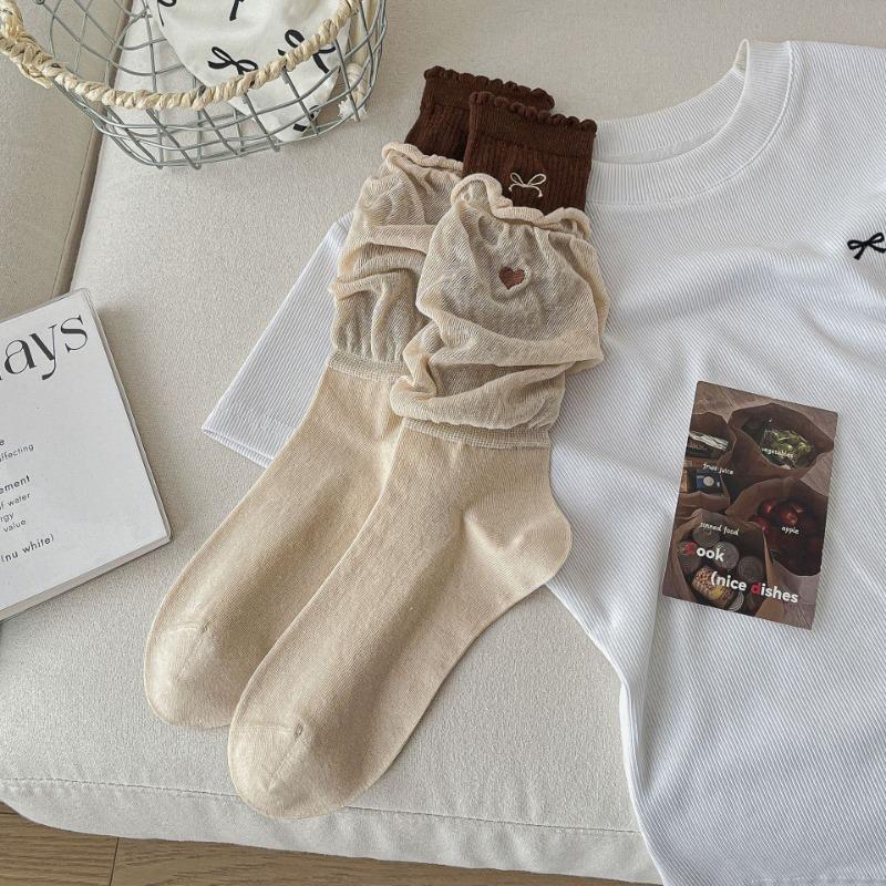 Ballet-style Dui Dui Socks for Women, Spring and Summer Embroidered Bow, Heart-shaped Mid-calf Socks, Double-layer Cotton Socks