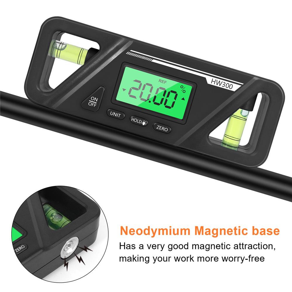 HW-300 Digital Inclinometer Angle Finder Gauge Spirit Level Bottom Magnet Data Hold Bright LCD Display Compact Inclinometer