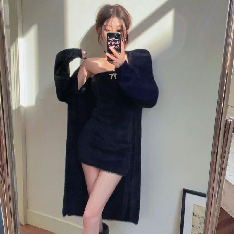 2ks Zimní sladké plyšové šaty bez ramínek Pletené fleecové šaty + fleecová bunda, dvoudílná