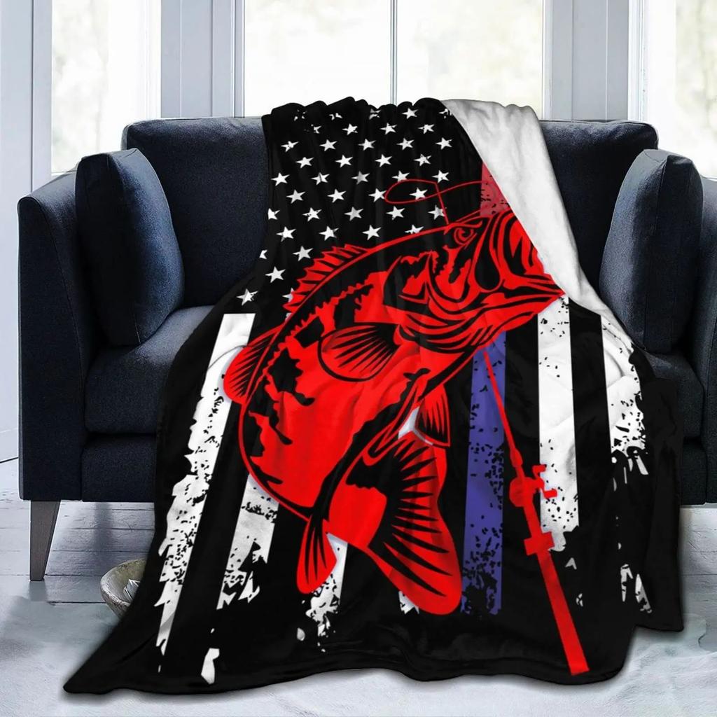 Big Mouth Bass Theme Blanket Washable Sofa Flannel Blanket Beach Blanket Home Office Decorative Blanket
