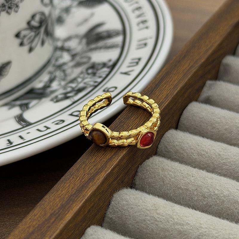 Retro Texture Two-Color Imitation Tiger'S Eye Stone Open Ring Niche Light Luxury High-End Sense Stacked Wearing Personalized Ring Woman