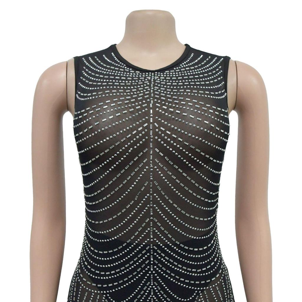Damen Mode Einfarbige Netz-Ärmelloses Langes Kleid mit Heißbohr-Details