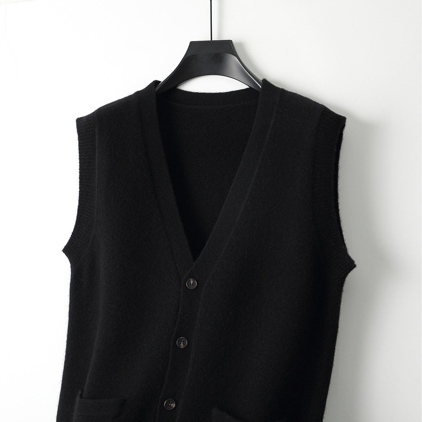 

Мужской жилет-кардиган с V-образным вырезом, без рукавов, 100% чистая шерсть - Толстый, теплый, свободный крой для мужчин среднего возраста XXL