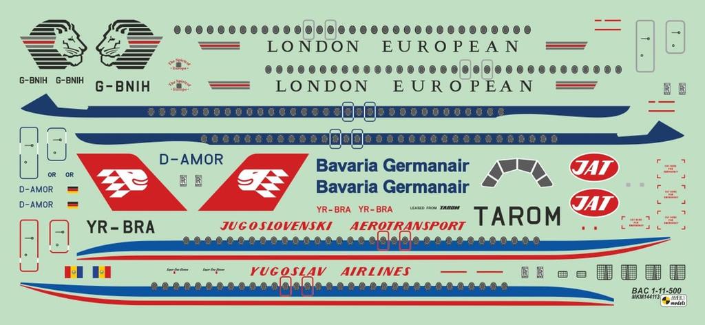 Mark I Scale British London European German Yugoslavia Airlines Plastic Model Kit MKM144113 1/144 BAC/ROMBAC 1-11-500 Airways/Bayern Air/JAT