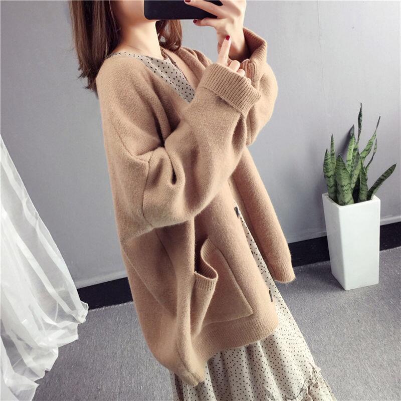 College Lazy Loose Candy Color V-Neck Knitted Cardigan Spring and Autumn Pocket Sweater Jacket Women