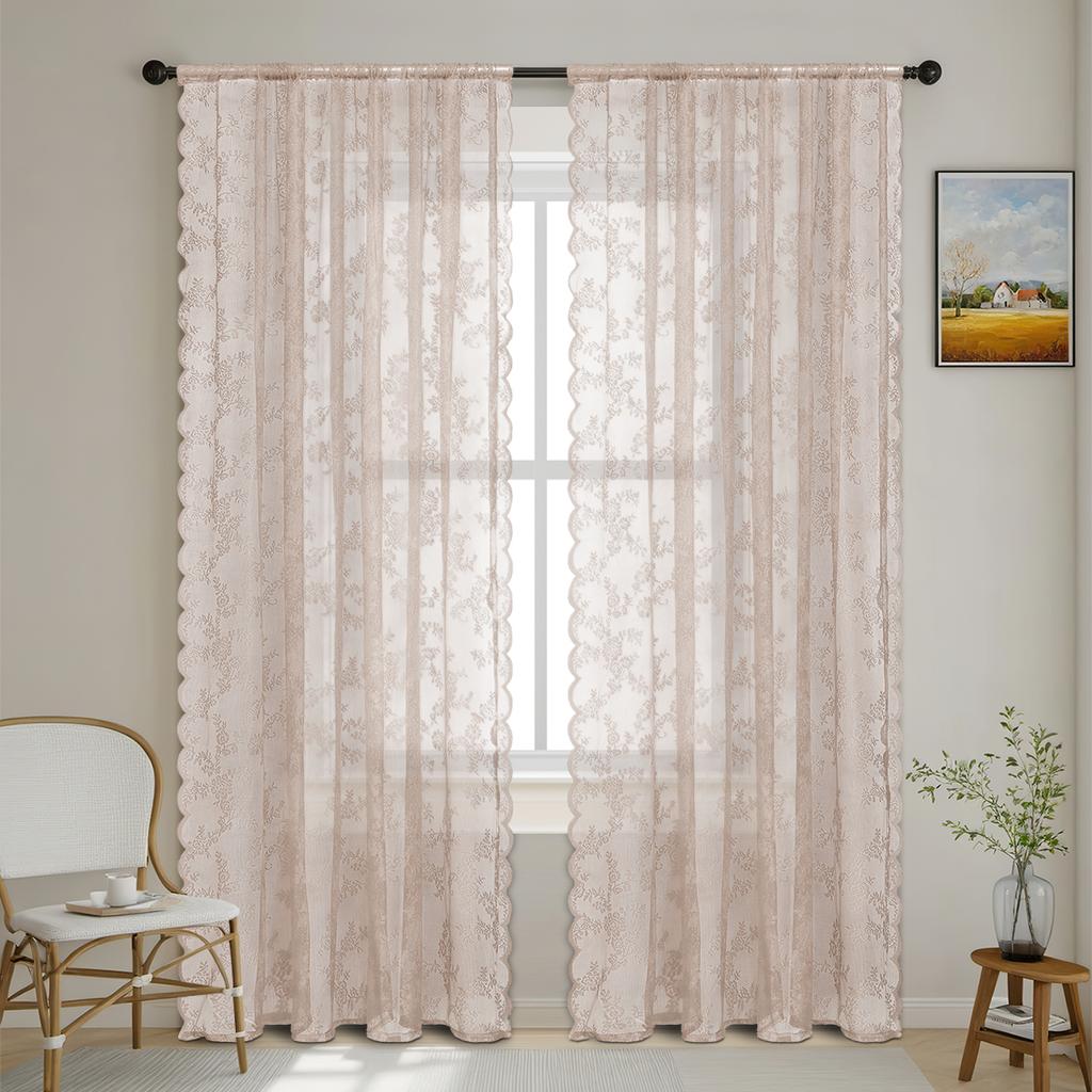 Sheer Romantic Lace Curtain Flower Window Curtains Living Room Bedroom Home Decor Screening Single Panel Polyester With Rod Pocket Washable Ready