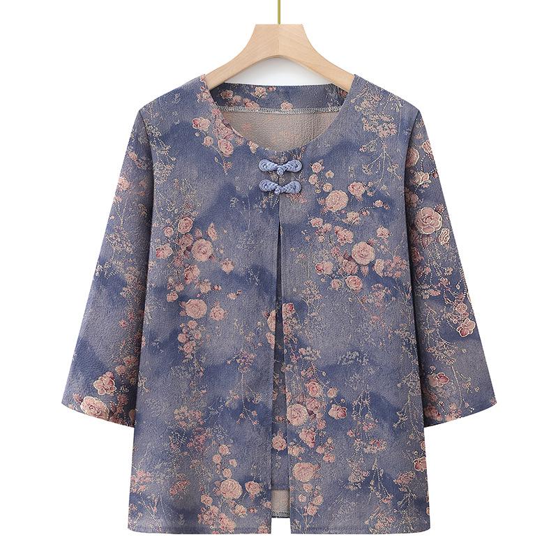 Chinese Style Plus Size Summer Blouse for Middle-Aged & Elderly Women: Mid-Sleeve & Two-Piece Look