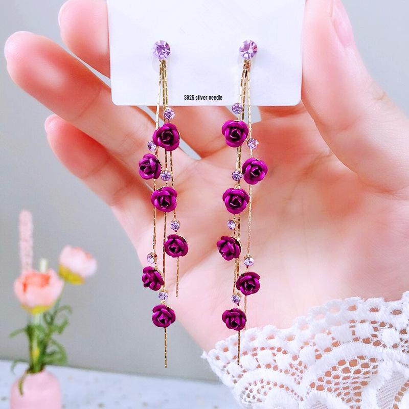 Korean Style Red Rose Tassel Earrings - Super Fairy Face Slimming Dangle with S925 Sterling Silver Studs.