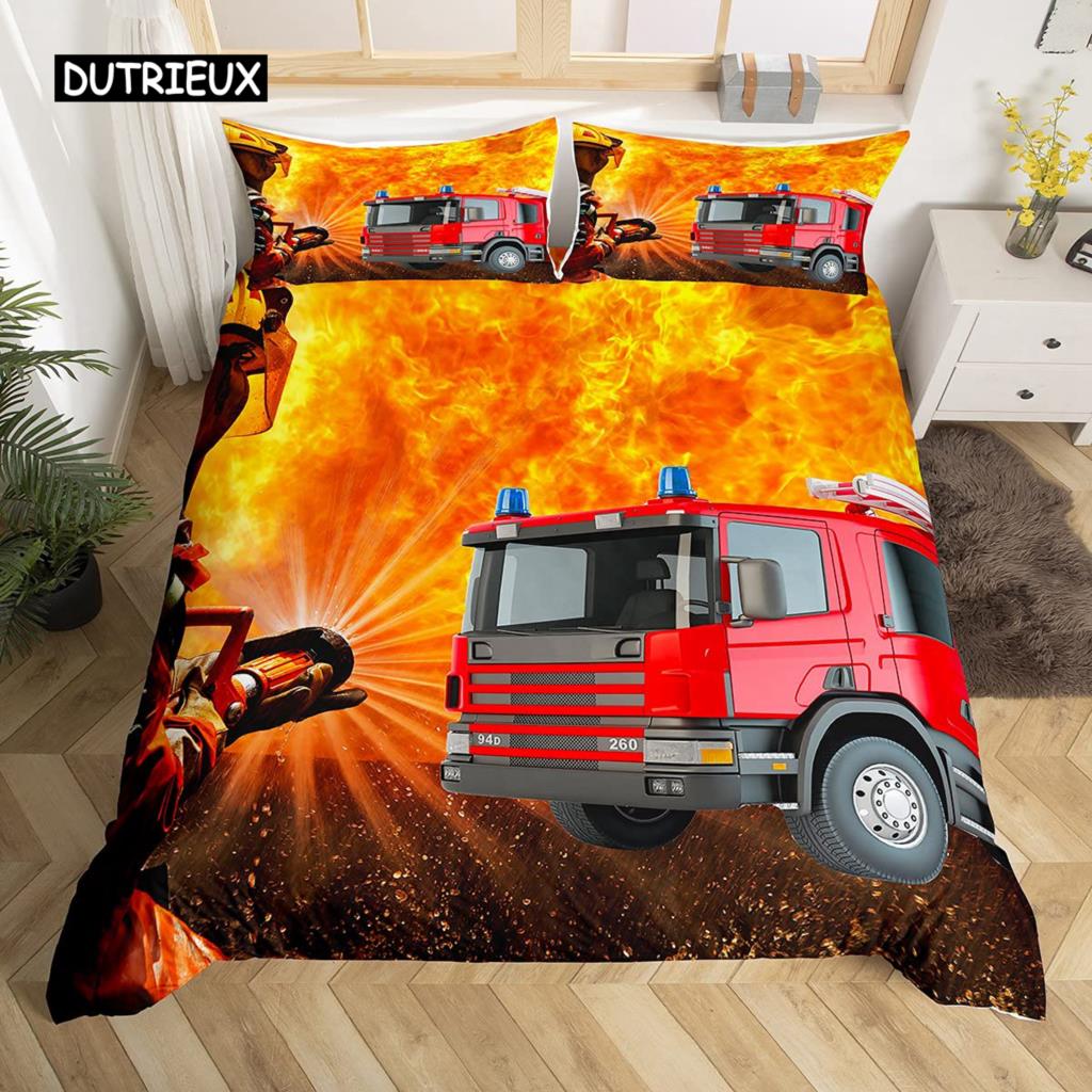 Fire Truck Duvet Cover Set Twin Size Red Firemen Car Vehicle Bedding Set Fire Engine Pattern for Boys Tire Printing Quilt Cover
