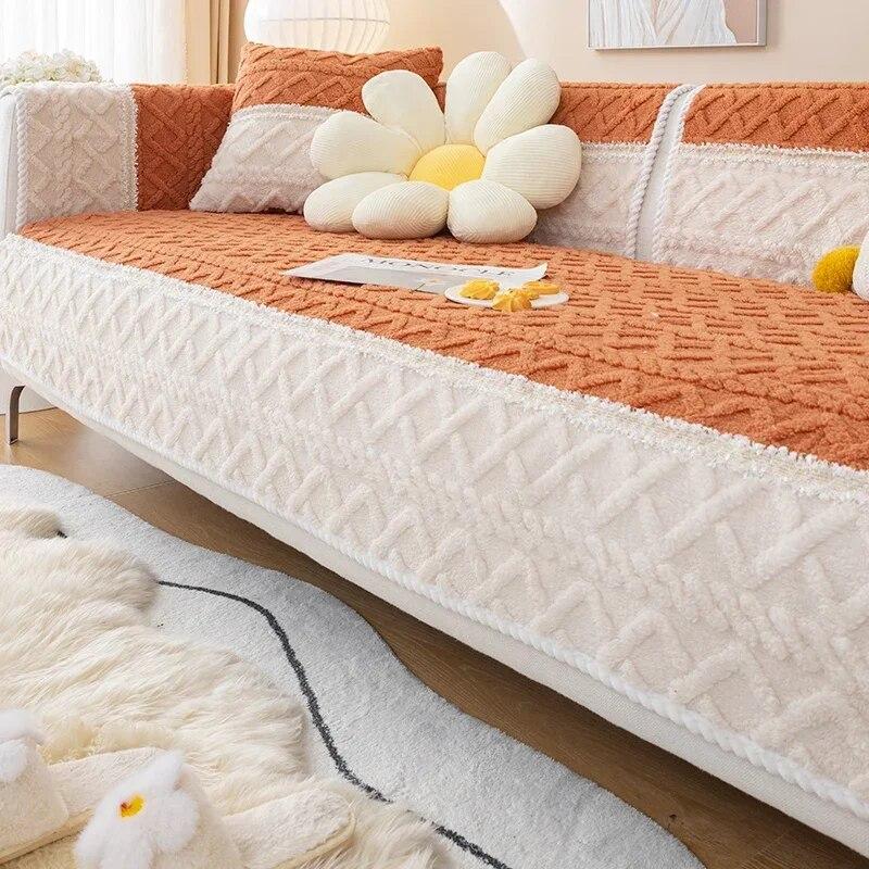 Nordic Color Matching New Sofa Cushion Winter Thick Plush Seat Cushion Modern Minimalist Anti Slip Sofa Cover
