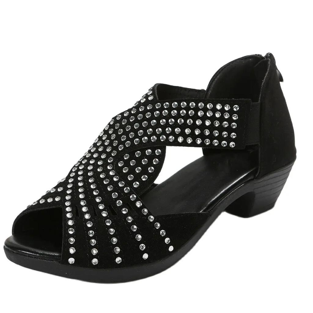 Fashion European and American fish mouth high-heeled sandals for women's summer new cross rhinestone back zipper Roman sandals