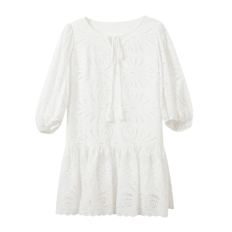 SanCai 2026 Summer Hollow-Out Lantern Sleeve Mini Dress XL