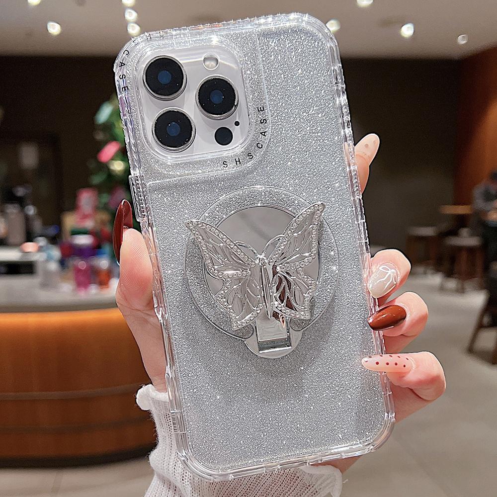 

For iPhone 16 Pro Max Magnetic Case Butterfly Kickstand TPU+PC Glitter Phone Cover with Mirror Silver